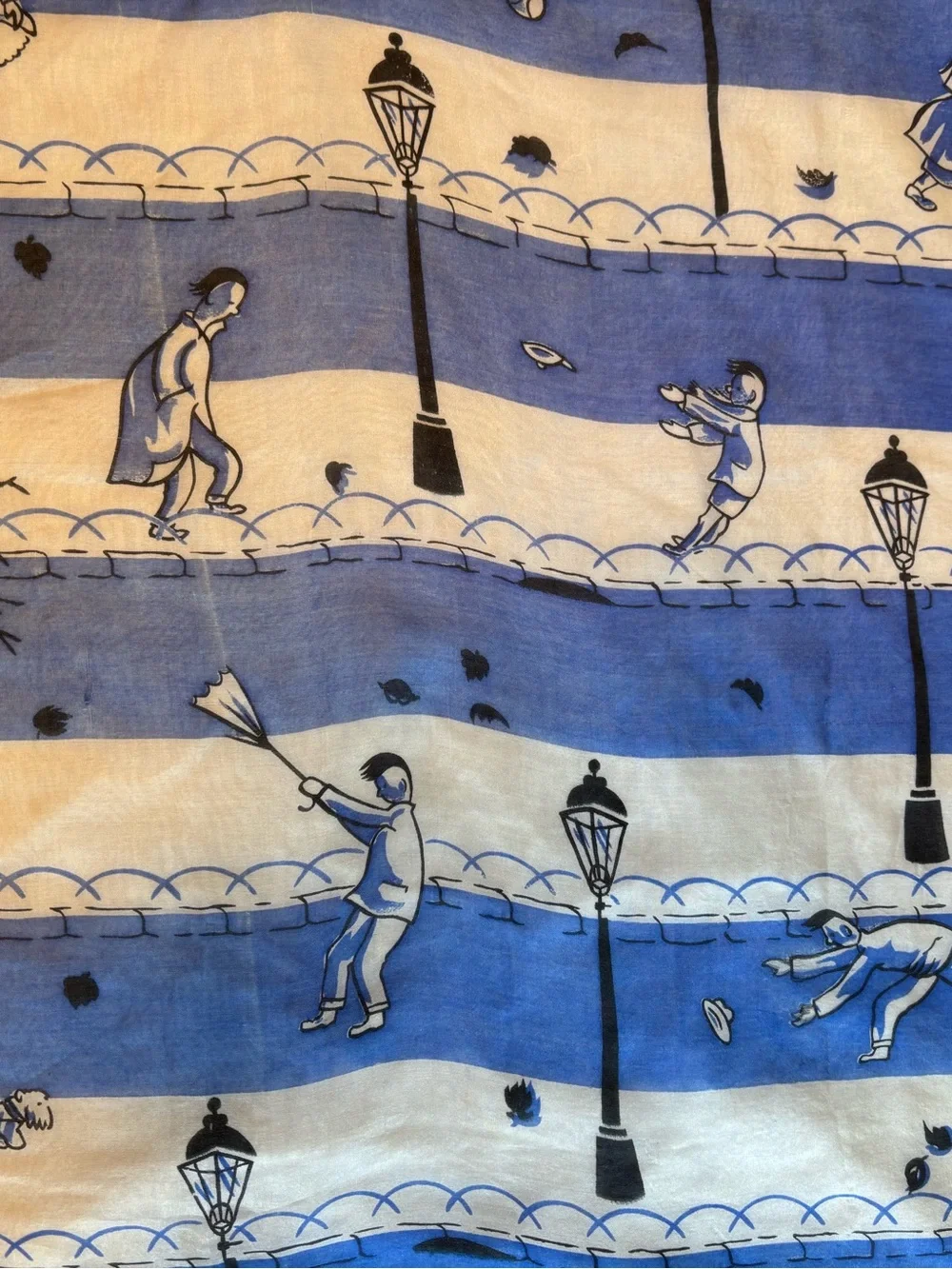 Vintage Silk Scarf Amazing Novelty Print People Fighting The Wind 32 X 33”